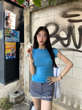 Whbyzwhcb Original Màu Xanh Trước Vai Kim Cương Nóng Chữ Ngắn Tay Áo Thun Nữ Mùa Hè Ngắn Hot Girl Slim-fit Nhỏ Top
