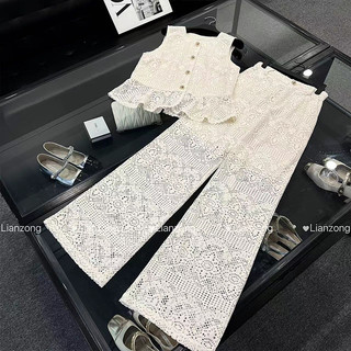 [7108] Bộ đồ hai mảnh ren rỗng khí chất dành cho nữ mùa hè 2024 Áo Vest sang trọng dành cho nữ