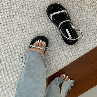 Pháp cao cấp cảm giác bạc một dây đeo đế dày giày sandal đẹp giày nữ phong cách mới mở mũi ro