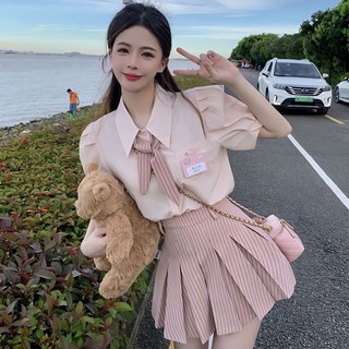 Set Nữ Sinh Hồng Ngọt, Áo Sơ Mi Tay Ngắn Phồng Điệu Đà Kèm Nơ + Chân Váy Xếp Li Kẻ Sọc Nữ Tính