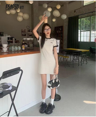 Đầm ngắn tay sọc nơ cổ điển kiểu Mỹ cổ điển dành cho nữ Hot Girl dáng ôm hẹp @