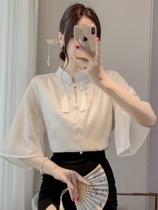  Mùa hè Phong cách mới Phong cách Trung Quốc mới Áo sơ mi ngắn tay Jacquard phong cách Trung Quốc Áo sơ mi ngắn tay tua rua nữ có nút áo sơ mi voan hàng đầu