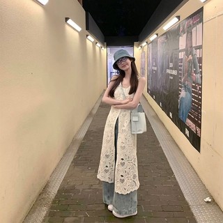 Jin Zhien JIEUN JIEUN Jacquard Sling Dress Nữ Mùa Hè Phong Cách Kỳ Nghỉ Lười Thường Ngày Rỗng Thiết Kế Váy Dài