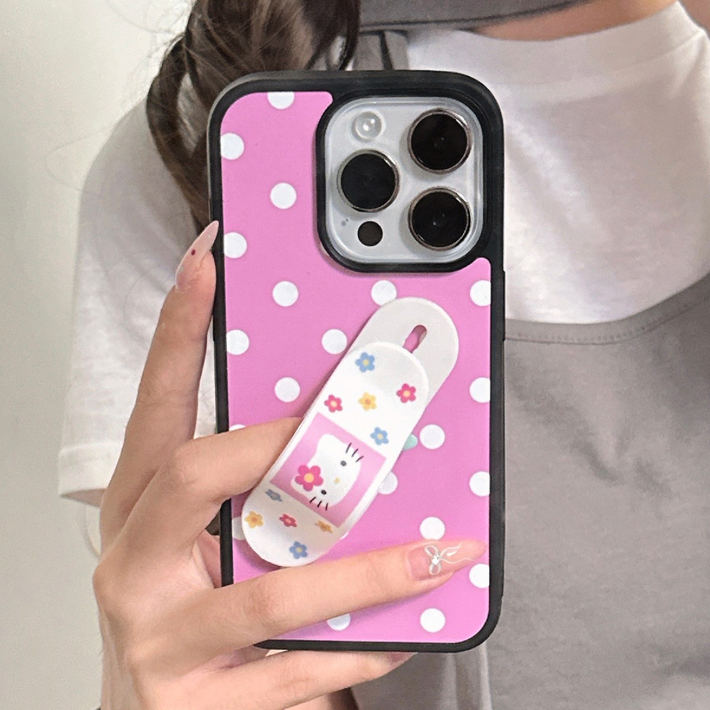 Nhật Bản Hàn Quốc Girly Hello Kitty Band aid Bracket Polka Dot Phone Case Cho IPhone 16 15 14 13 Pro
