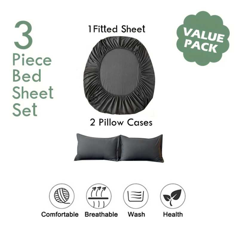 Cotton Bed 3Pcs (1 Fitted Sheet + 2 Pillowcases) Breathable Soft Mattress With Pillow Cover Bedd