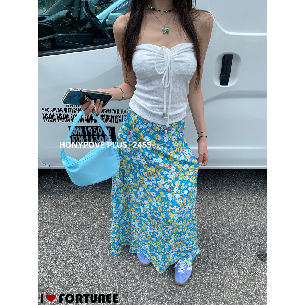 Honypove Dây đeo dây màu trắng Sling Top Nữ mùa hè Hot Girl Dây rút ống ngắn | BigBuy360 - bigbuy360.vn