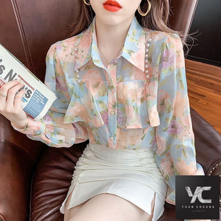  Xuân Thu Phong Cách Mới Thời Trang Thiết Kế Phù Hợp Với Cảm Giác Ngọc Trai Xù Voan Hoa Ngọt Ngào Áo Sơ Mi Dài Tay