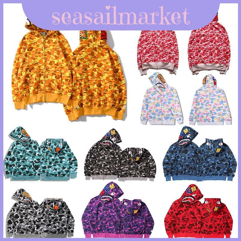 Áo Hoodie mềm Bape Polyester có túi in hình cá mập Kangaroo và