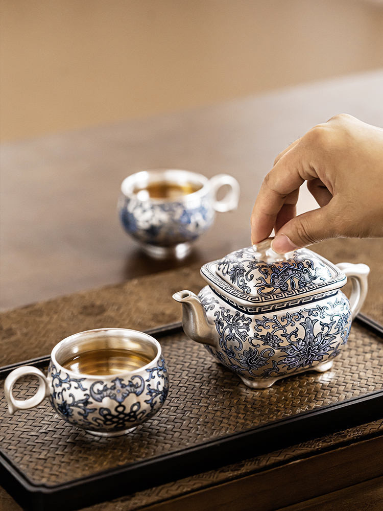 Bộ ấm trà Kung Fu cao cấp bạc Zheng Liqing Yinshanshe 999 bộ ấm vuông mạ bạc hộp quà tách trà bạc k