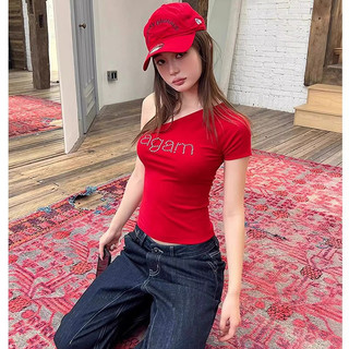 Shanmieleng Red Slanted Vai Ngắn Tay Nữ Mùa Hè Phong Cách Mới Chữ Hot Kim Cương Slim-fit Áo Thun Bất Đối Xứng Thiết Kế Hot Girl Top ins