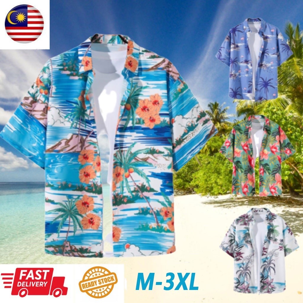 Nam Hawaii Nữ Đi Biển Áo Thun Hawaii Áo Sơ Mi Nam Baju Hawaii Hawaii Lelaki bunga pantai retro Baju 