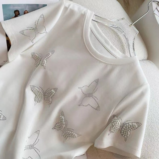 [Giảm giá 40%] Áo thun nữ tay ngắn Áo thun đá nóng cổ tròn Cotton nguyên chất tay ngắn Trạm châu Âu Xuân Hè Hàng Châu Âu Nữ Handmade Đính cườm Bướm