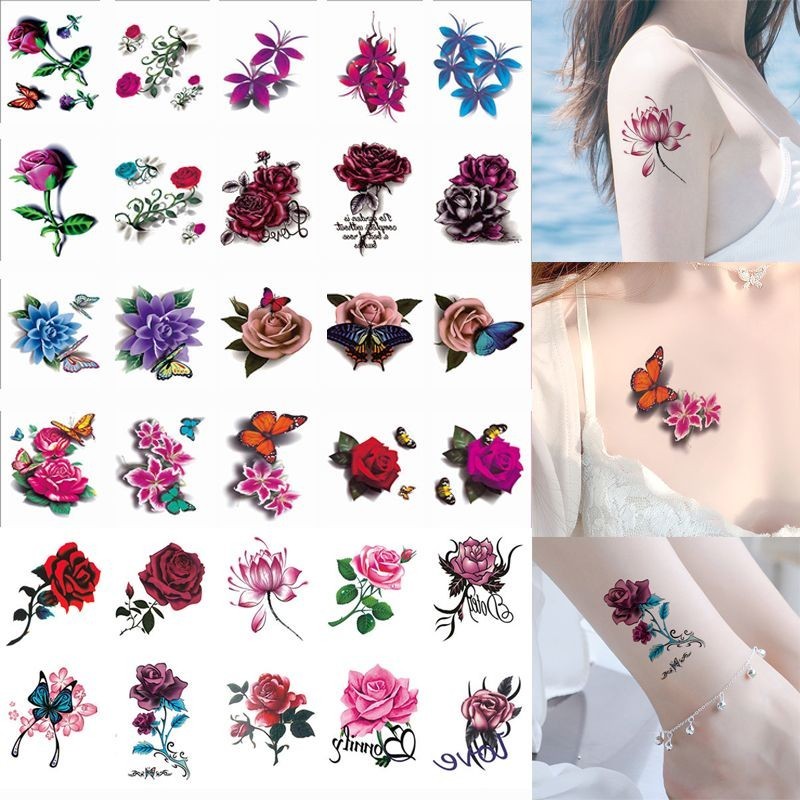 [SALE SỐC]  【4237Bộ Sưu Tập Người】3D 3D Nhãn Dán Hình Xăm Chống Nước, Bền Bỉ, Hoa Hồng Bướm Thực Tế
