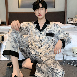 Satin Quần Áo Ngủ Nam Xuân Thu Dài Tay Ice Silk Sang Trọng Áo Khoác Ngoài Bộ Pyjama