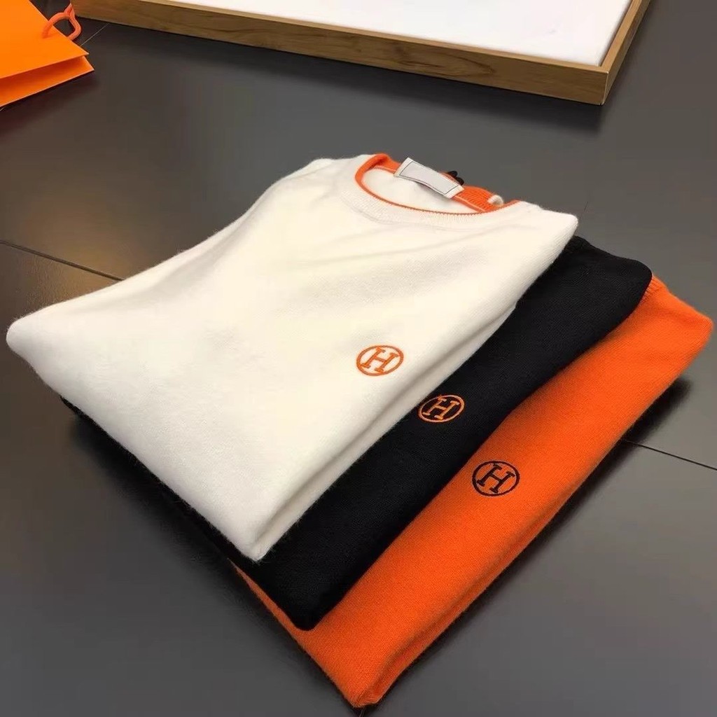 Hermes Trạm Châu Âu Áo Len Dệt Kim Thêu Nặng Nam Thu Đông Hợp Thời Trang Thương Hiệu Ấm Ôm Top Thanh