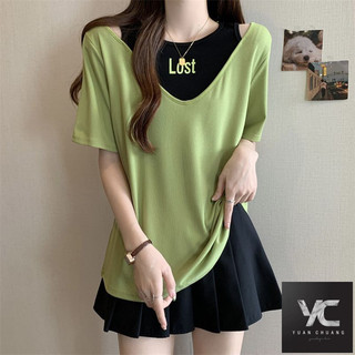  Mùa hè Phong cách mới Plus Size Quần áo nữ In hình bụng Vai trước Áo thun rỗng tay ngắn cho nữ dáng rộng thon gọn hơn