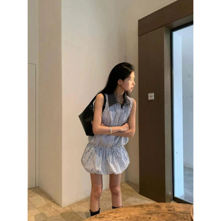 Whbyzwhcb Giả Hai Mảnh Không Tay Màu-Blocking Sọc Bud Đầm Mùa Hè Cổ POLO Mặc Bên Ngoài Hẹp Mỏng Hơn Nhìn Váy Mỏng Hơn