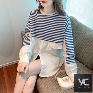  Xuân Thu Phong Cách Mới Áo Hai Mảnh Giả Áo Nữ Dài Tay Mùa Thu Quần Áo Rời Khâu Sọc Mùa Xuân