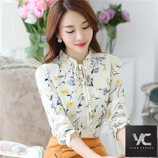  Mùa xuân Thu Phong cách mới Áo sơ mi voan dài tay dáng rộng mỏng hơn in hình nữ hoa ngọt ngào phù hợp cho nữ