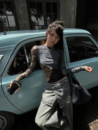 Retro Hot Girl Kiểm Tra Gạc In Đáy Top Slim-fit Dài Tay Khâu T @