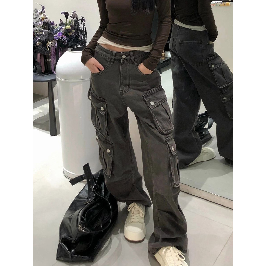 Whbyzwhcb American High Street Multi-Pocket Denim Quần yếm nữ 2024 Phong cách mới Retro Thẳng Quần ố