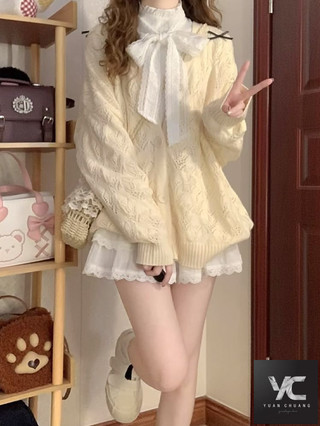  Xuân Thu Phong Cách Mới Nơ Rỗng Áo Len Dệt Kim Cardigan Ngọt Ngào Dễ Thương Mềm Mại Waxy Lười Rời Áo Khoác Công Chúa