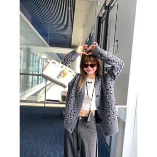 Shanmieleng Retro Ngọt Ngào Mát Da Báo In Jacquard Áo Len Lười Phong Cách Cardigan