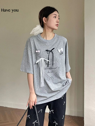 Áo thun ngắn tay Cotton nguyên chất trang trí ba chiều dành cho nữ hoạt hình vui nhộn In hình giảm tuổi tất cả @