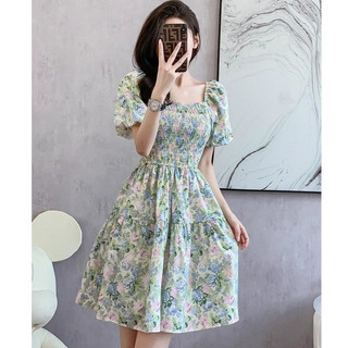 Váy Nữ Mùa Hè Mới 2024 Giảm Béo Tay Ngắn Cổ Vuông In Hình Midi Đầm