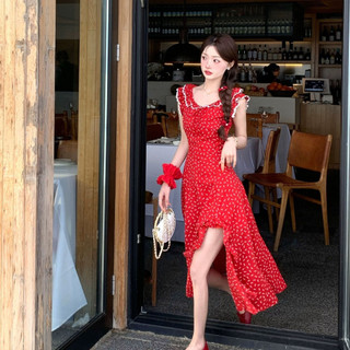 Mùa Hè 2024 Phong Cách Mới Pure Desire Bay Tay Màu Đỏ Hoa Đầm Nữ Tính Khí Eo Eo Eo Ôm Hơn Nhìn Kỳ Nghỉ Phong Cách Trượt Tuyết Dài