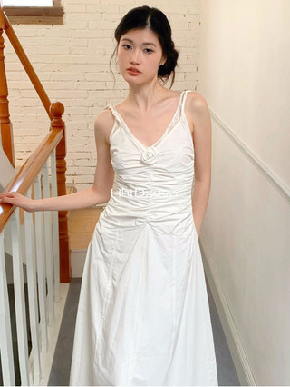 Pháp Nguyên Chất Desire Lười Phong Cách Cổ Tích Tươi Váy Dài Ren Khâu Xếp Ly Hoa Hẹp Eo Sling Đầm Nữ