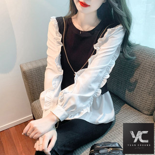  Xuân Thu Phong Cách Mới Giả Hai Mảnh Khâu Áo Sơ Mi Voan Nữ Thu Đông Thời Trang Áo Sơ Mi Nhỏ Phù Hợp Với Nữ