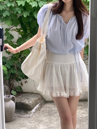 75956 Áo sơ mi ngắn tay ren dây rút màu xanh