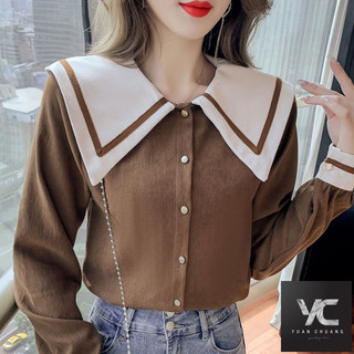  Mùa xuân Thu Phong cách mới Màu sắc tương phản Áo sơ mi vải nhung nữ Áo sơ mi mùa thu Thiết kế cổ búp bê Sense Áo dài tay cổ điển
