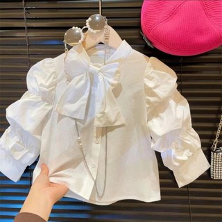  Áo sơ mi trắng bé gái Phong cách mới Thời trang dài tay Áo sơ mi đáy trẻ em Nơ Top