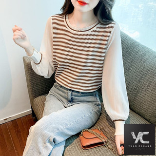  Áo sơ mi sọc đáy phong cách mới dành cho nữ mùa thu Áo voan dài tay thời trang