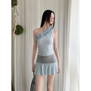 Whbyzwhcb Phong Cách Mùa Hè Lãng Mạn Ánh Sáng Xanh Ren Slanted Vai Ngọt Cay Ôm Phù Hợp Với Nữ