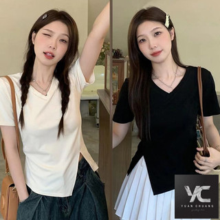  Mùa hè Thiết kế phong cách mới Sense Cổ chữ V Áo thun ngắn tay chính hãng dành cho nữ Slimer Look Slim-Fit Top