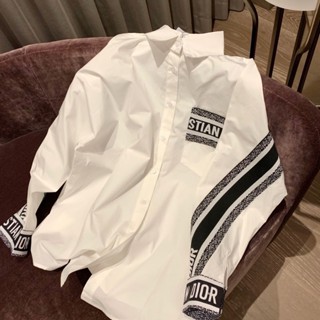 2024 Phiên Bản Hàn Quốc Mới DIOR Letter Design Ins Sọc Nối Áo Sơ Mi Dài Tay Rời Và Đa Năng Chống Nắng Ja