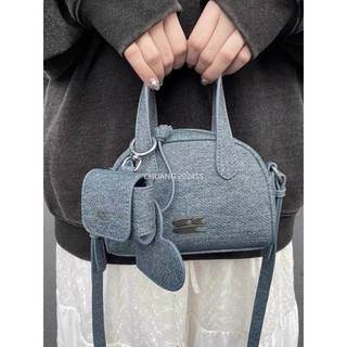 Túi xách mini Boston giả Denim cổ điển Túi xách sinh viên đại học có túi đựng tai nghe