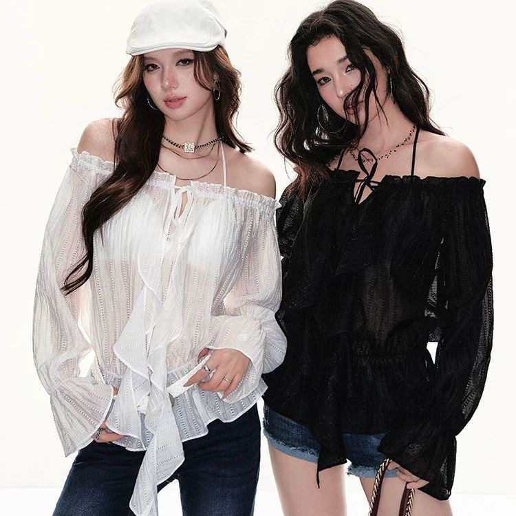 Off-the-Shoulder Top Nữ Micro-Transparent Áo Xù Pháp Dài Tay Chống Nắng Lo