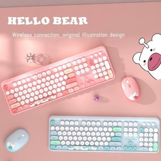 Combo Bàn Phím Và Chuột Hello Bear, Bàn Phím Không Dây Nhiều Màu Sắc Với Keycaps Tròn, Kết Nối Không Thả 2.4GHz Cho PC / Laptop / Máy Tính