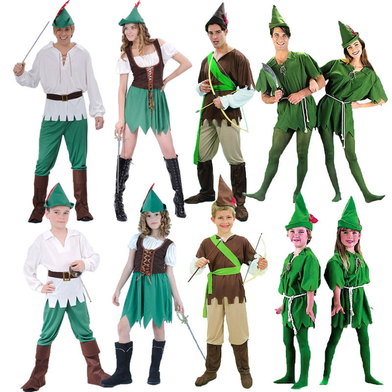 Halloween Cosplay Trẻ Em Peter Pan Green Elf Trang Phục Người Lớn Nam Nữ Robin Hood Cha Mẹ-Con Biểu 