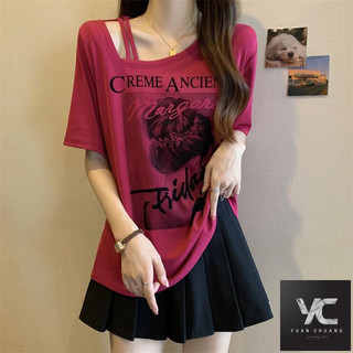  Mùa hè Phong cách mới Plus Size Nữ Mỹ Retro Áo thun ngắn tay Nữ Nữ dáng rộng dáng rộng dáng rộng hơn Nhìn chéo Col