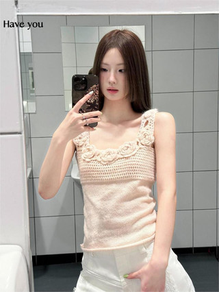 Pháp Nhẹ Nhàng Niche Thiết Kế Hoa Camisole Nữ Mùa Hè Phong Cách Mới Slim-fit Sang Trọng Không Tay Đan Top
