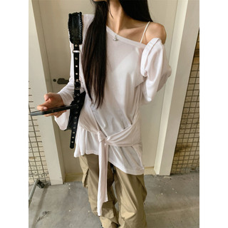 Jamaisvu Phong Cách Hàn Quốc Lười Trắng Slanted Vai Áo Thun Nữ Đầu Thu Thiết Kế Niche Dây Mỏng Phong Cách Áo Dài Tay