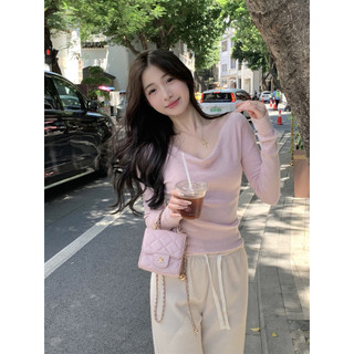 76958 Cổ Xoay Mềm Màu Trơn Dài Tay Màu Hồng Dệt Kim Top