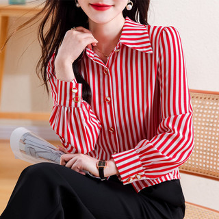  Mùa xuân thu Áo sơ mi sọc phong cách mới dành cho nữ dài tay phong cách phương Tây Áo sơ mi hẹp phong cách Pháp Ve áo nữ
