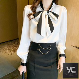  Xuân Thu Phong Cách Mới Nơ Áo Sơ Mi OL Chuyên Nghiệp Nữ Tay Dài Đầu Thu Thiết Kế Hàng Đầu Áo Sơ Mi Voan Niche