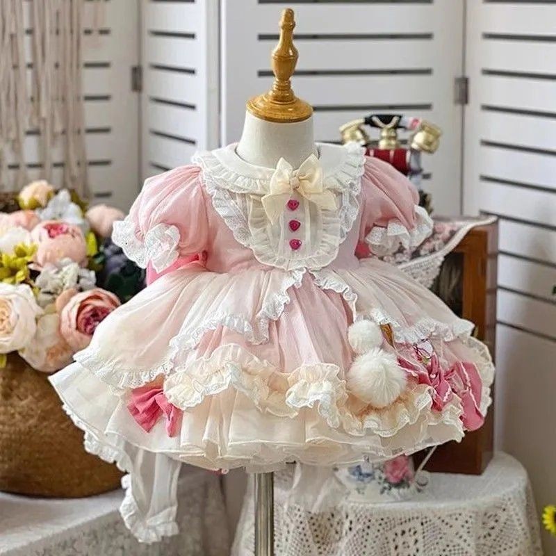 [SẴN-RẺ]  Váy công chúa Lolita hồng bồng bềnh cho bé gái, tay ngắn, váy cho bé gái một tuổi, váy ph